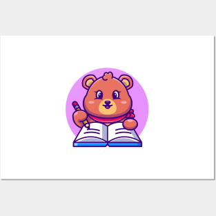 Cute bear writing on book with pencil cartoon Posters and Art